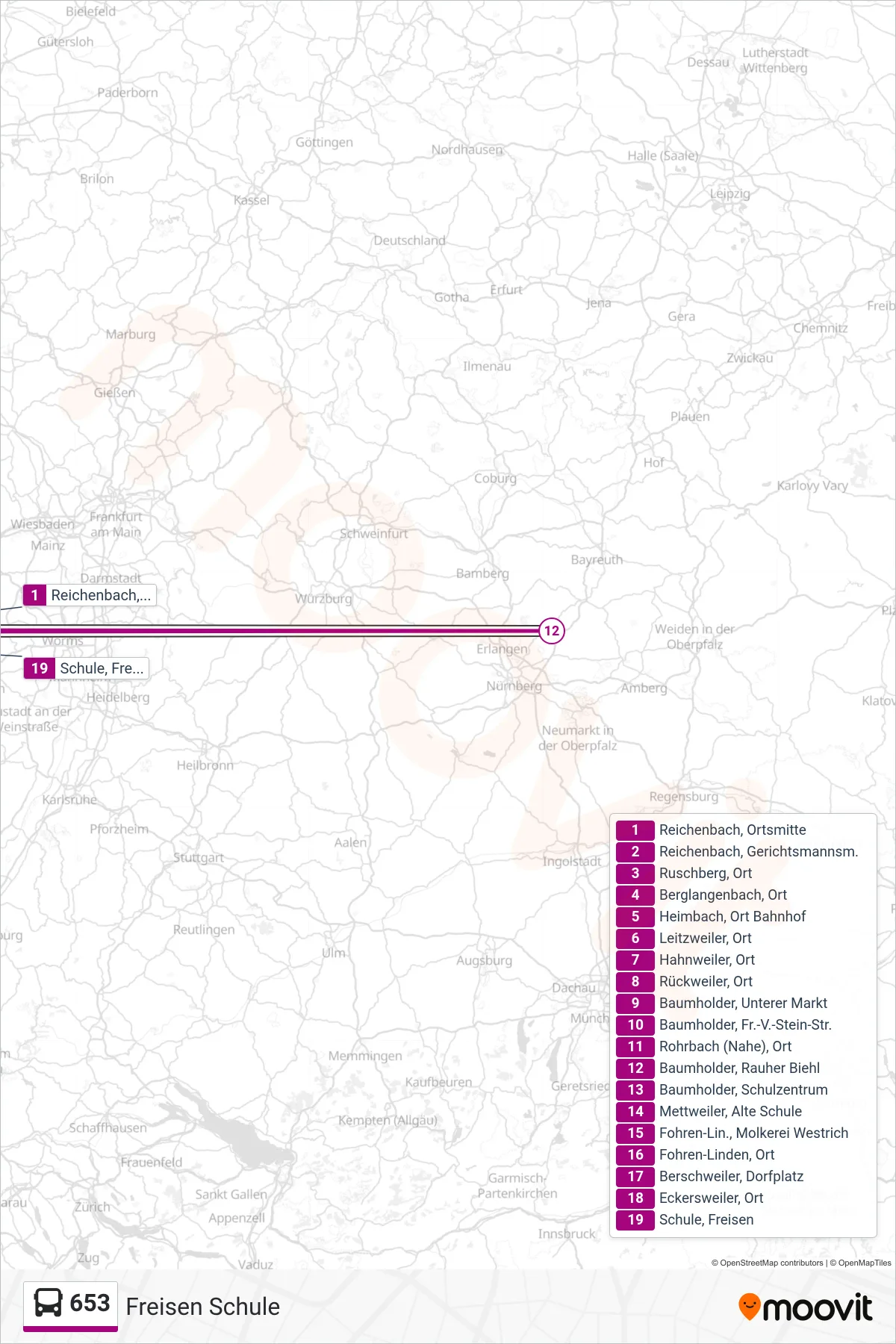 653 bus Line (Freisen Schule) route and stops on a map