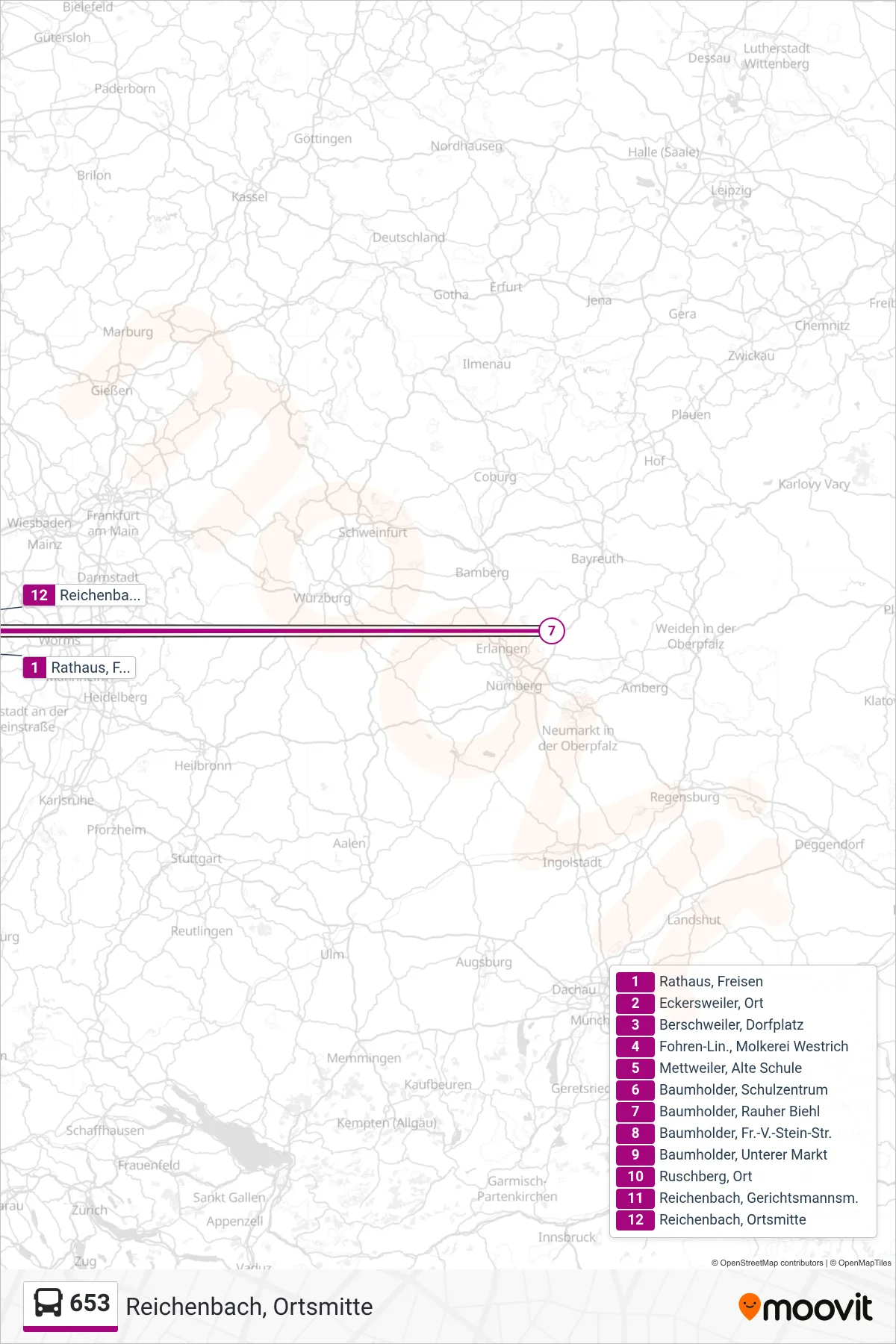 Linie 653 (Bus) Richtung Reichenbach, Ortsmitte: Route und Haltestellen auf der Karte