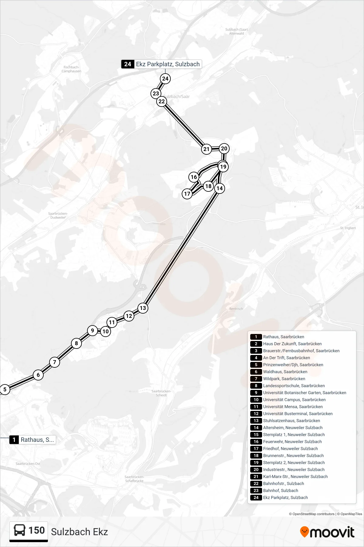 150 bus Line (Sulzbach Ekz) route and stops on a map