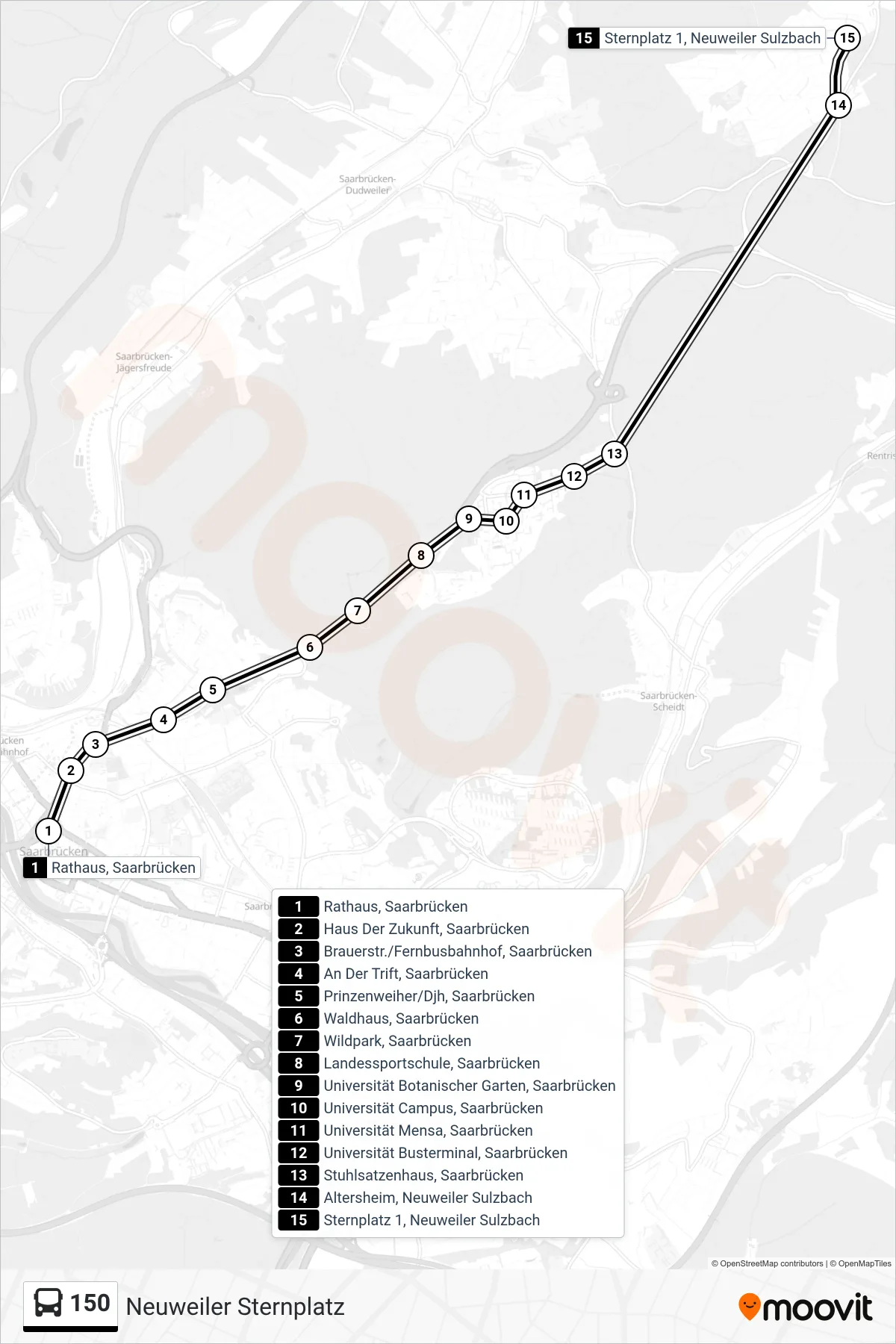 150 bus Line (Neuweiler Sternplatz) route and stops on a map