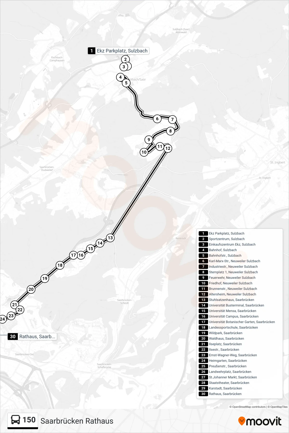 150 bus Line (Saarbrücken Rathaus) route and stops on a map