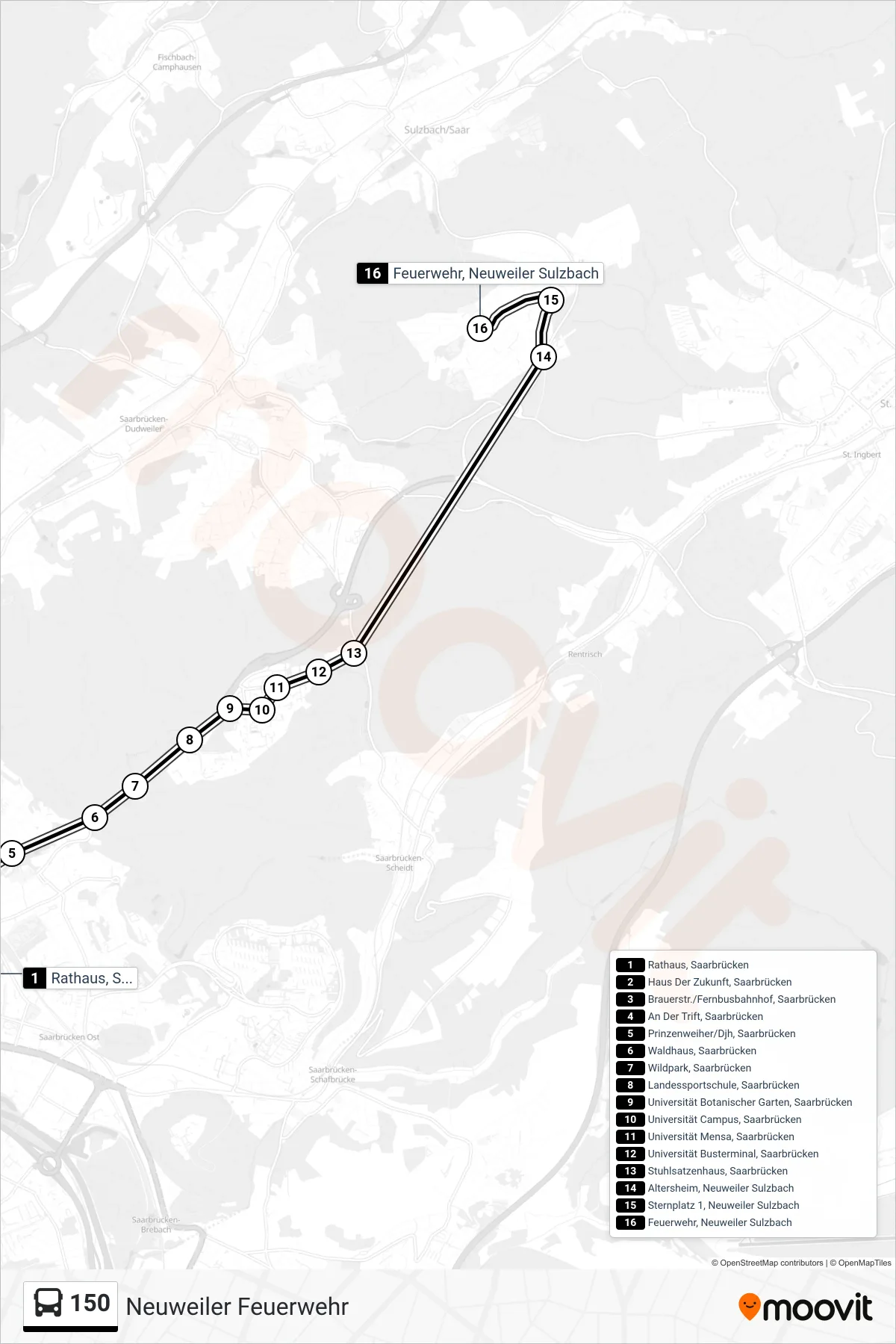 150 bus Line (Neuweiler Feuerwehr) route and stops on a map