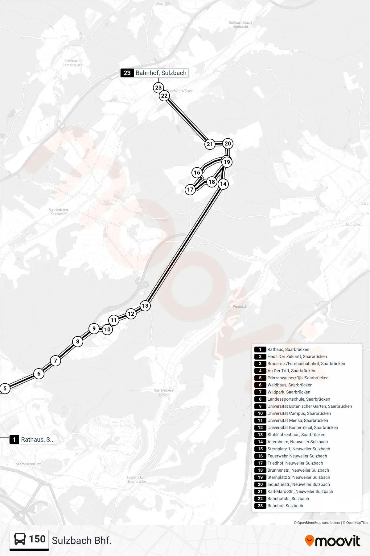 150 bus Line (Sulzbach Bhf.) route and stops on a map