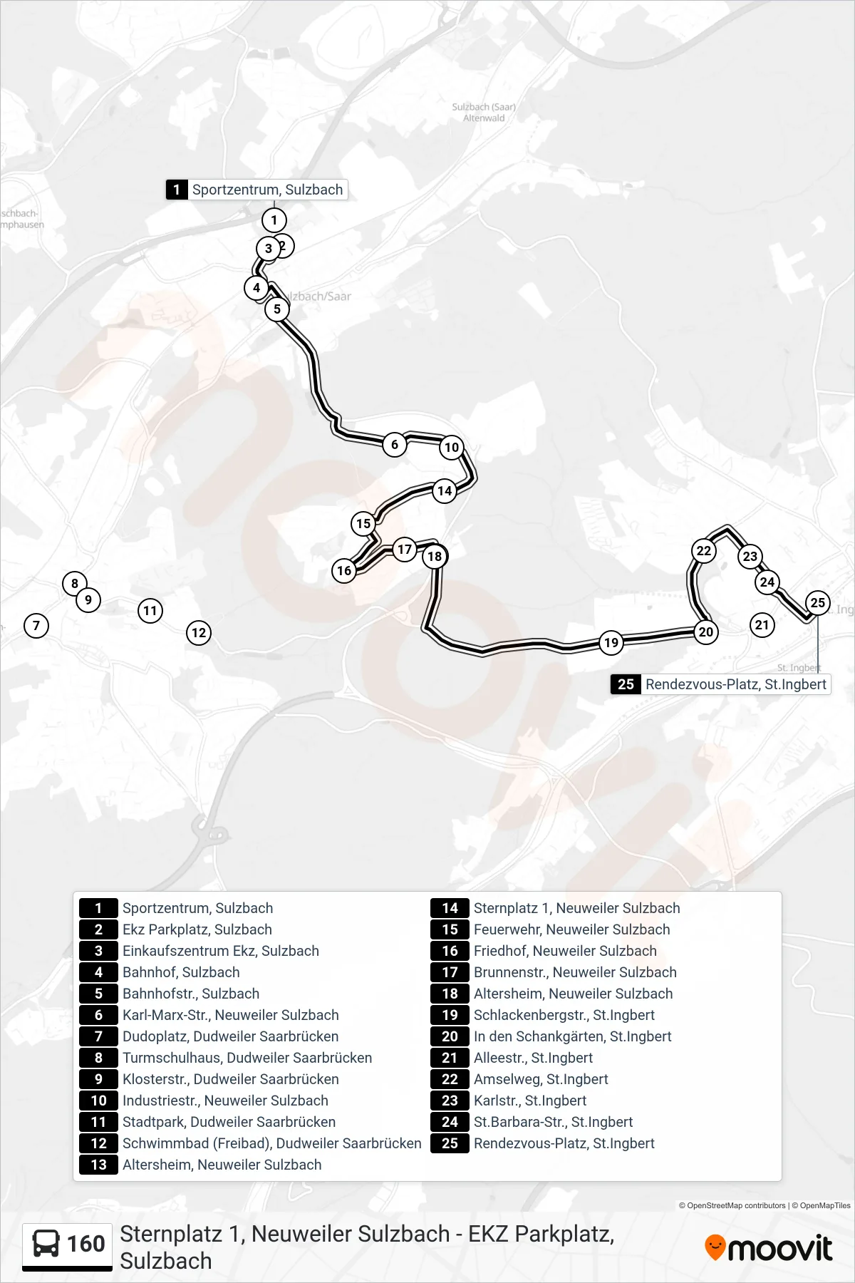 160 bus Line (St. Ingbert Rendezvous Platz) route and stops on a map