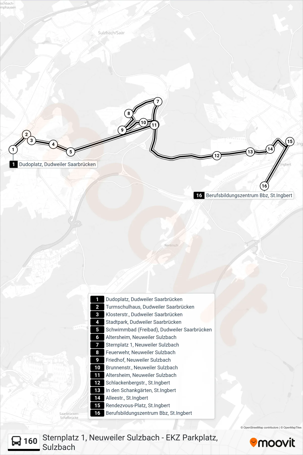 160 bus Line (St. Ingbert - Bbz) route and stops on a map