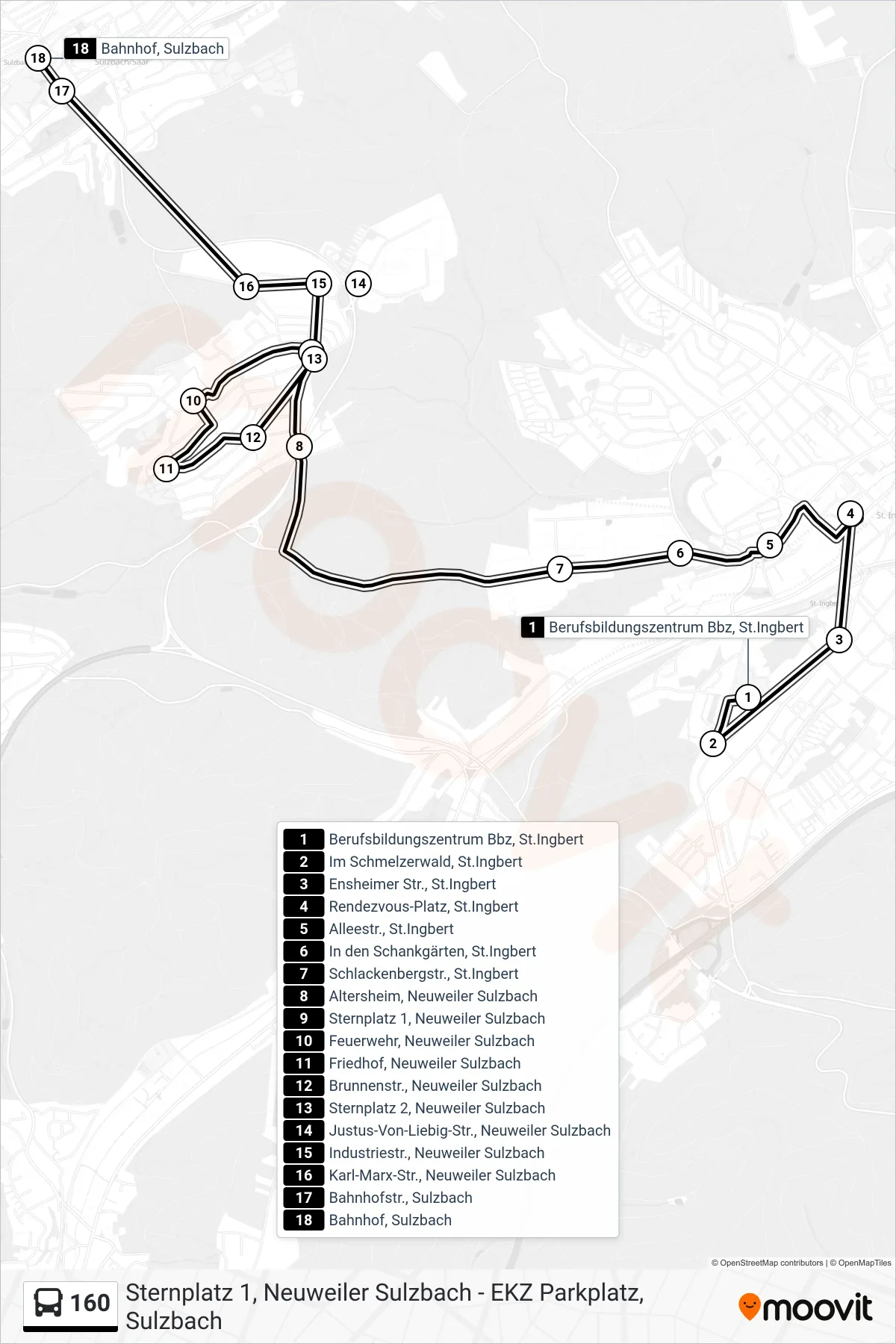 160 bus Line (Sulzbach Bhf.) route and stops on a map