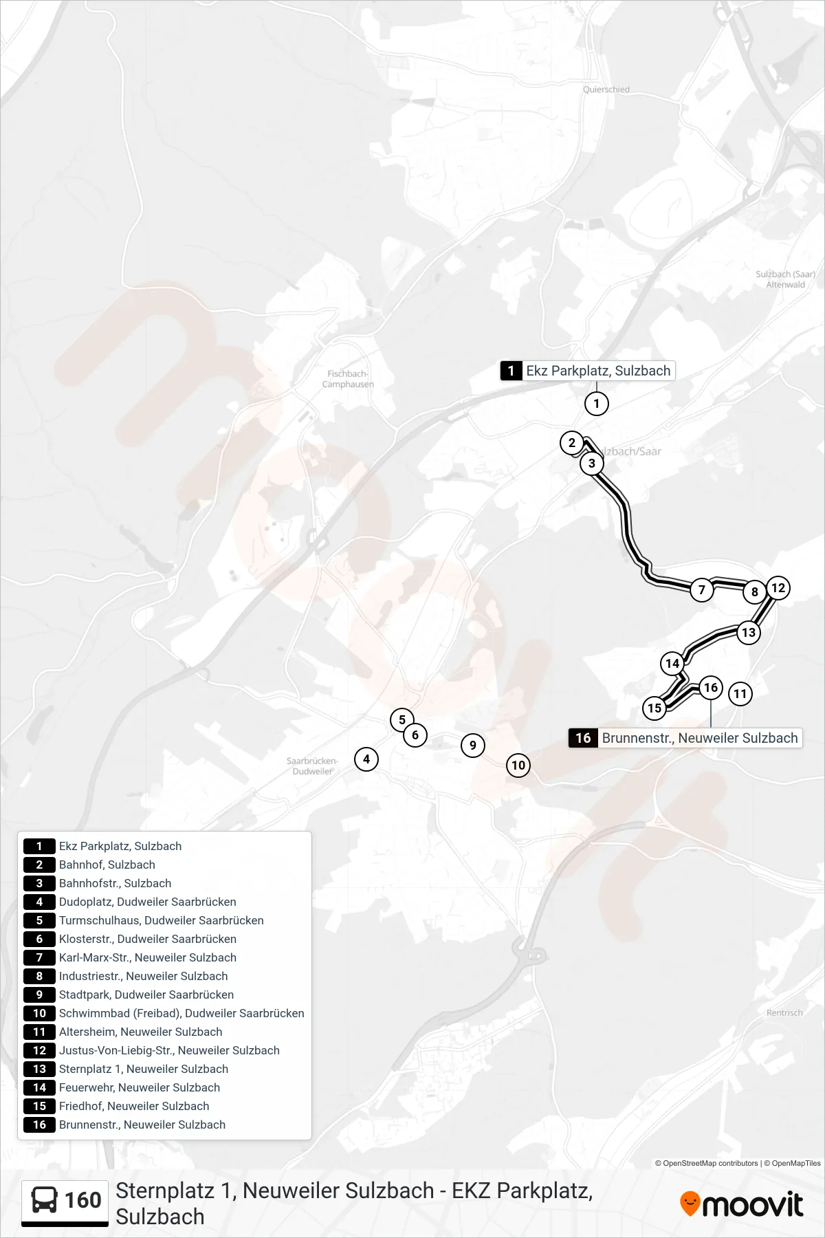 160 bus Line (Neuweiler Brunnenstr.) route and stops on a map