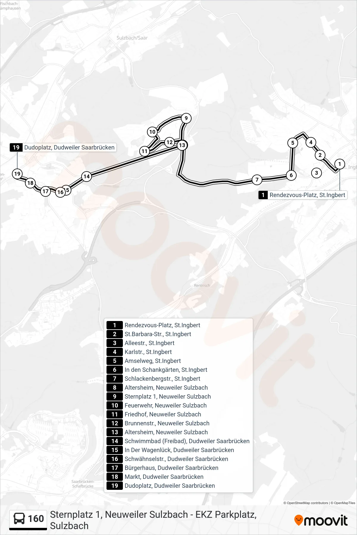160 bus Line (Dudweiler Dudoplatz) route and stops on a map