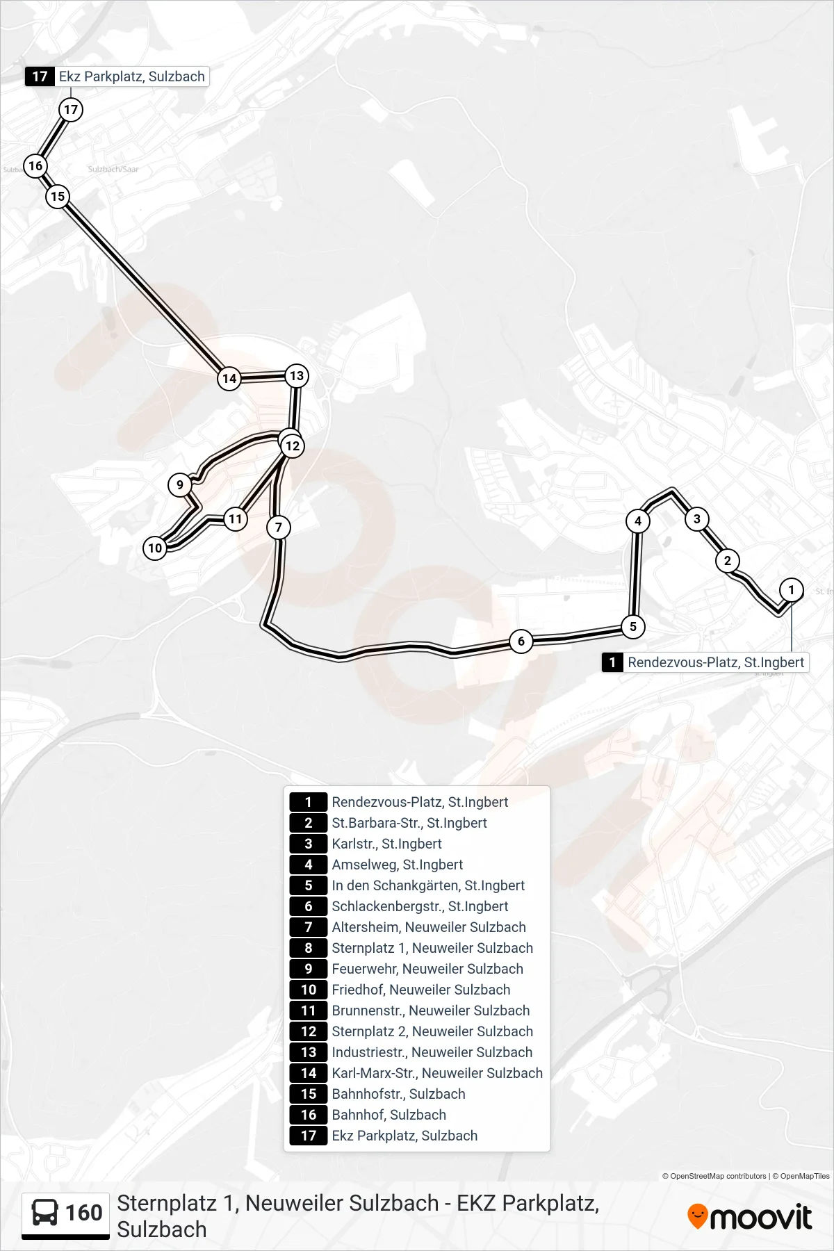 160 bus Line (Sulzbach Ekz) route and stops on a map