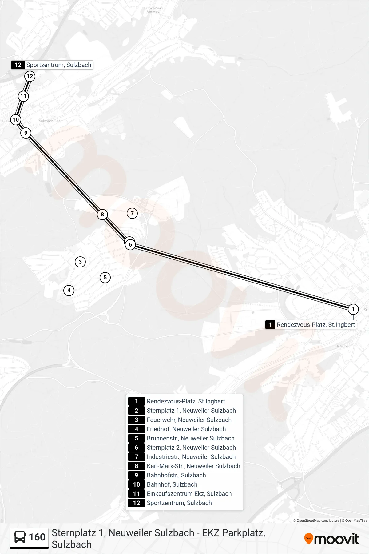 160 bus Line (Sulzbach Sportzentrum) route and stops on a map