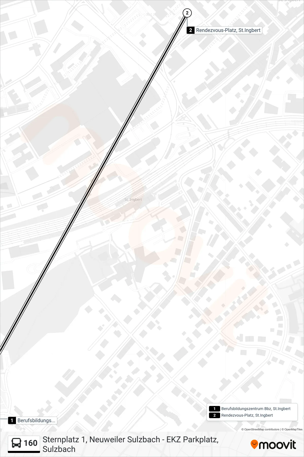 160 bus Line (St. Ingbert Rendezvous Platz) route and stops on a map