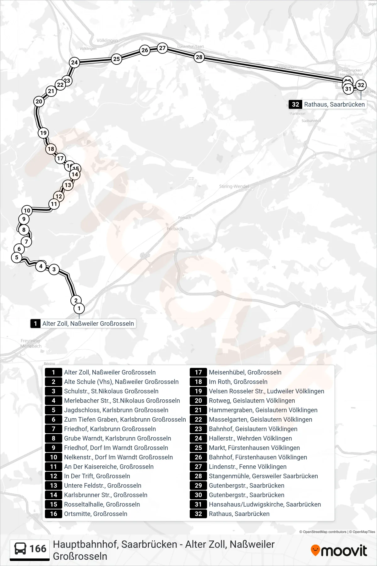 166 bus Line (Saarbrücken Rathaus) route and stops on a map