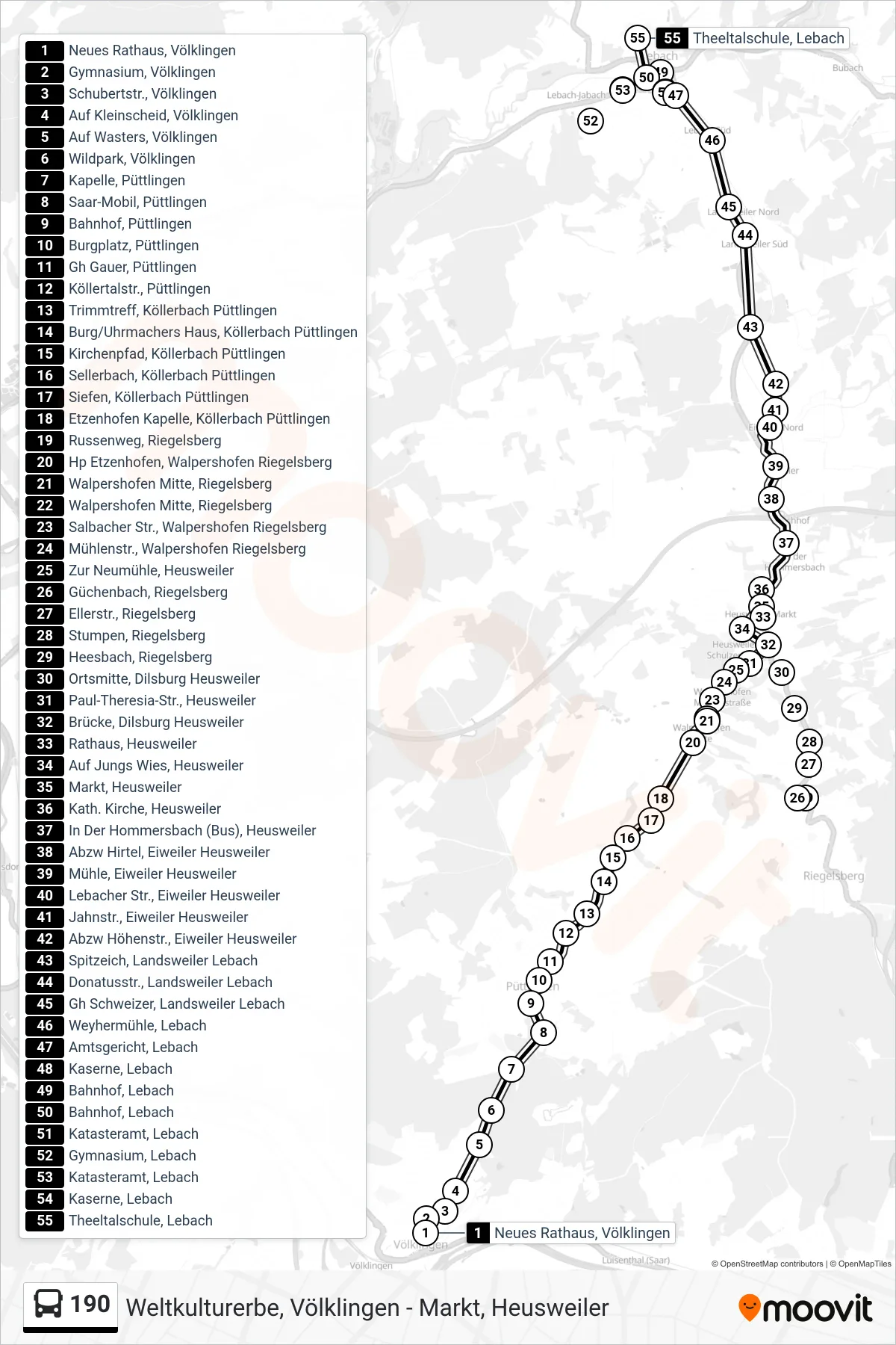 190 bus Line (Lebach Realschule) route and stops on a map