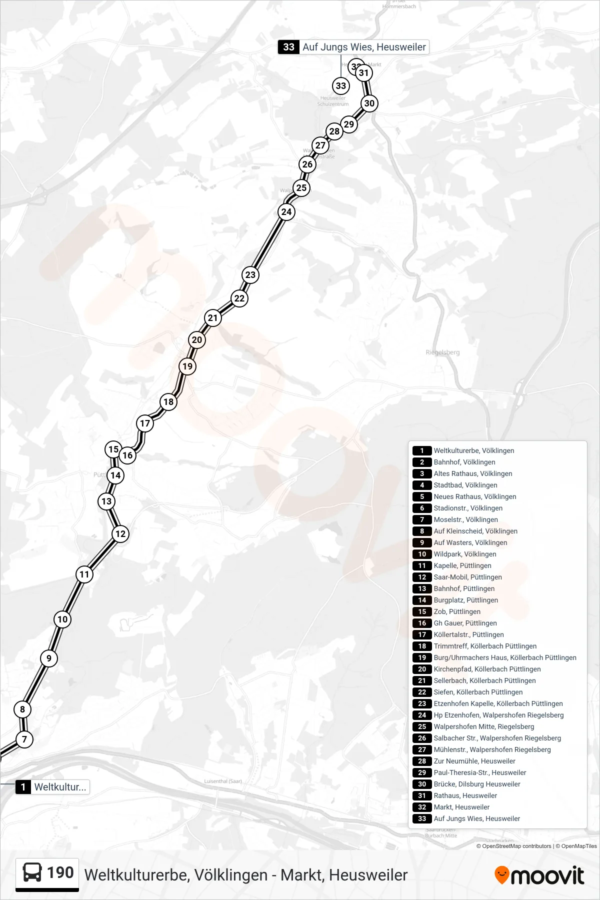 190 bus Line (Heusweiler Ü. Püttl. ZOB) route and stops on a map
