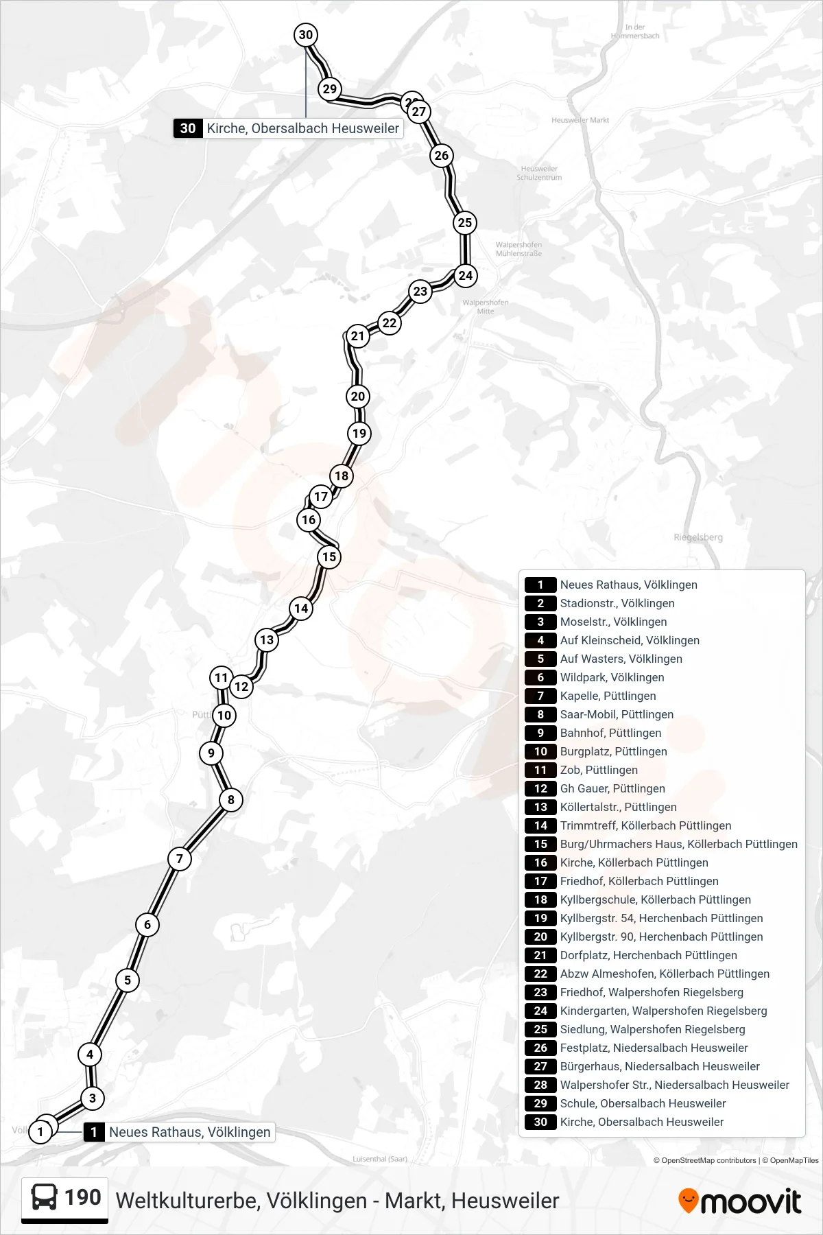 190 bus Line (Kirche, Obersalbach Heusweiler) route and stops on a map