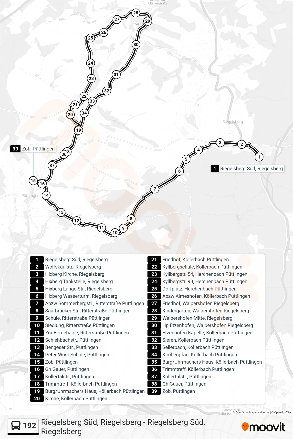 192 bus Line (Zob, Püttlingen) route and stops on a map