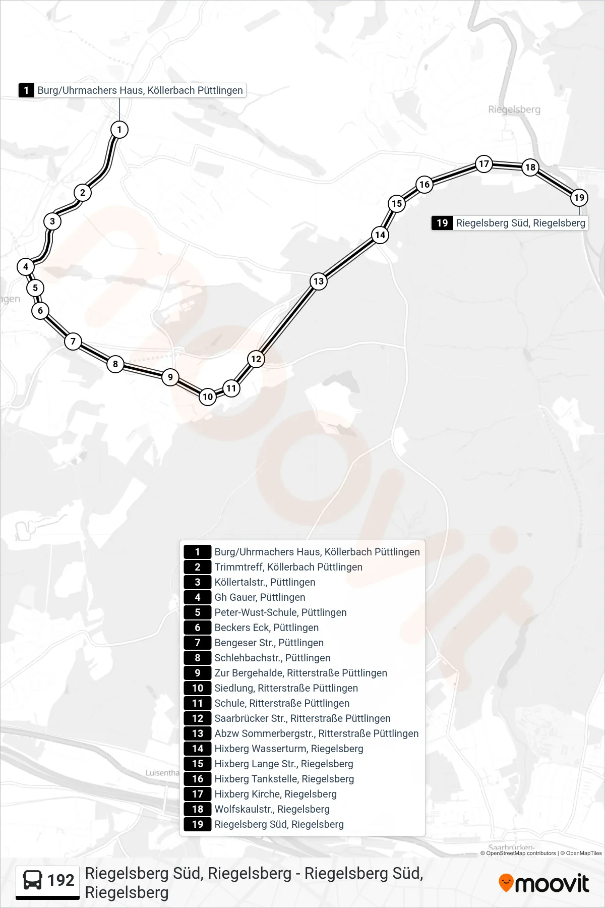 192 bus Line (Riegelsberg Süd) route and stops on a map