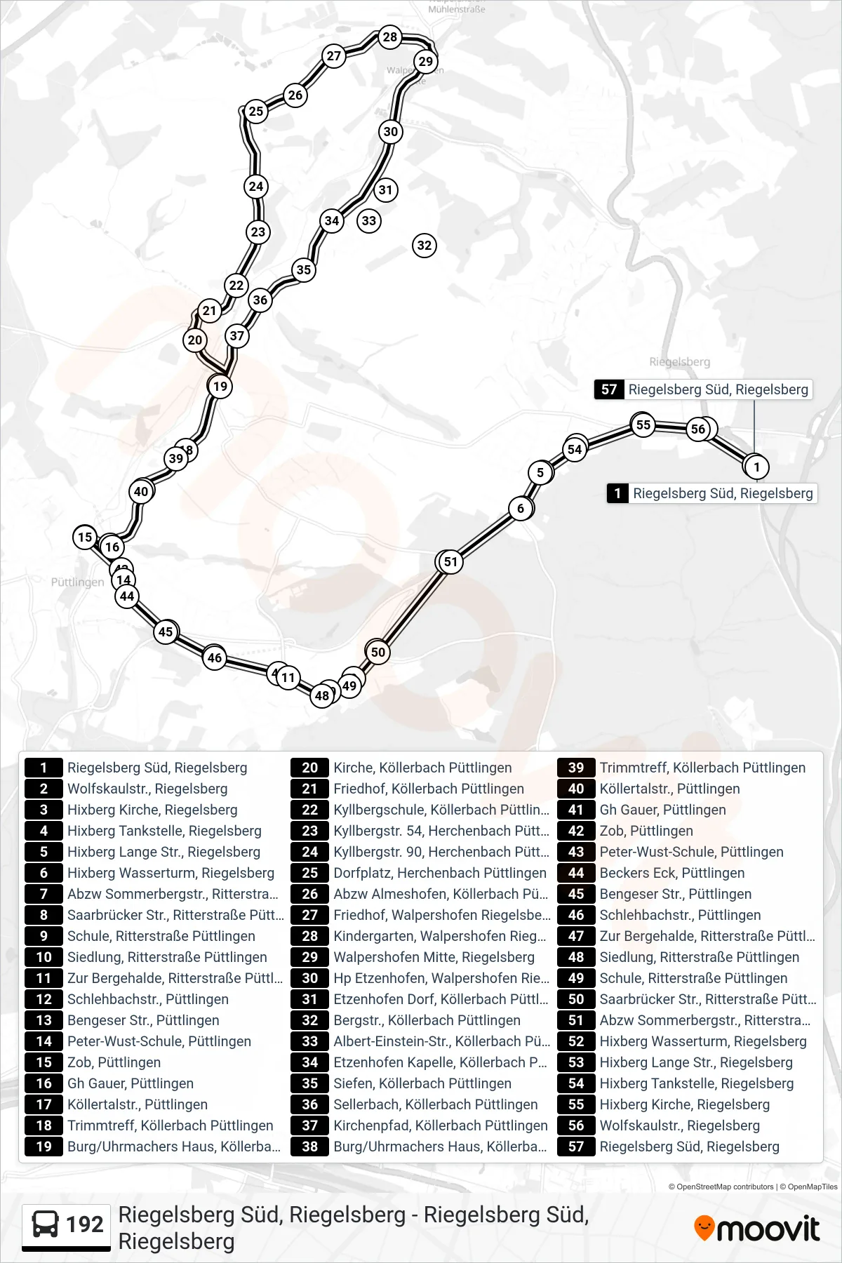 Linie 192 (Bus) Richtung Riegelsberg Süd, Riegelsberg: Route und Haltestellen auf der Karte