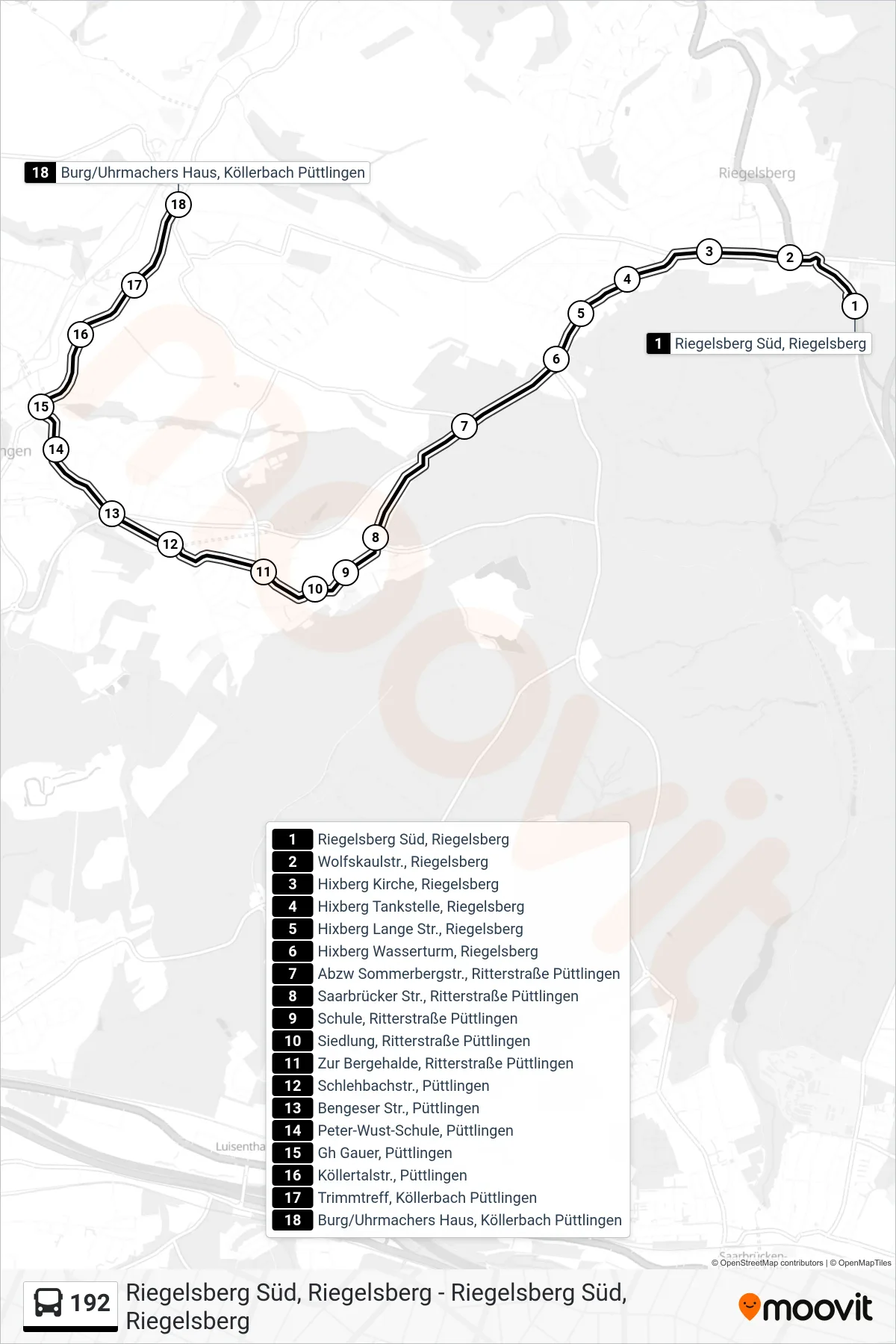 192 bus Line (Köllerbach Burg) route and stops on a map