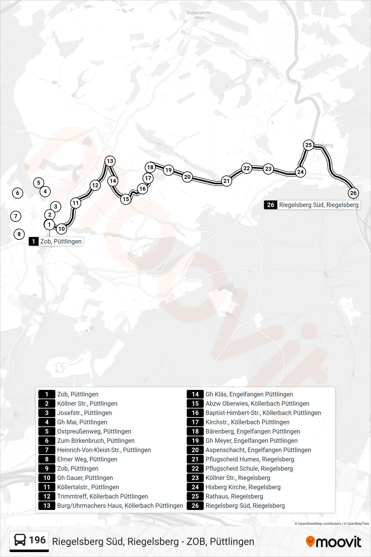 Linie 196 (Bus) Richtung Riegelsberg Süd, Riegelsberg: Route und Haltestellen auf der Karte