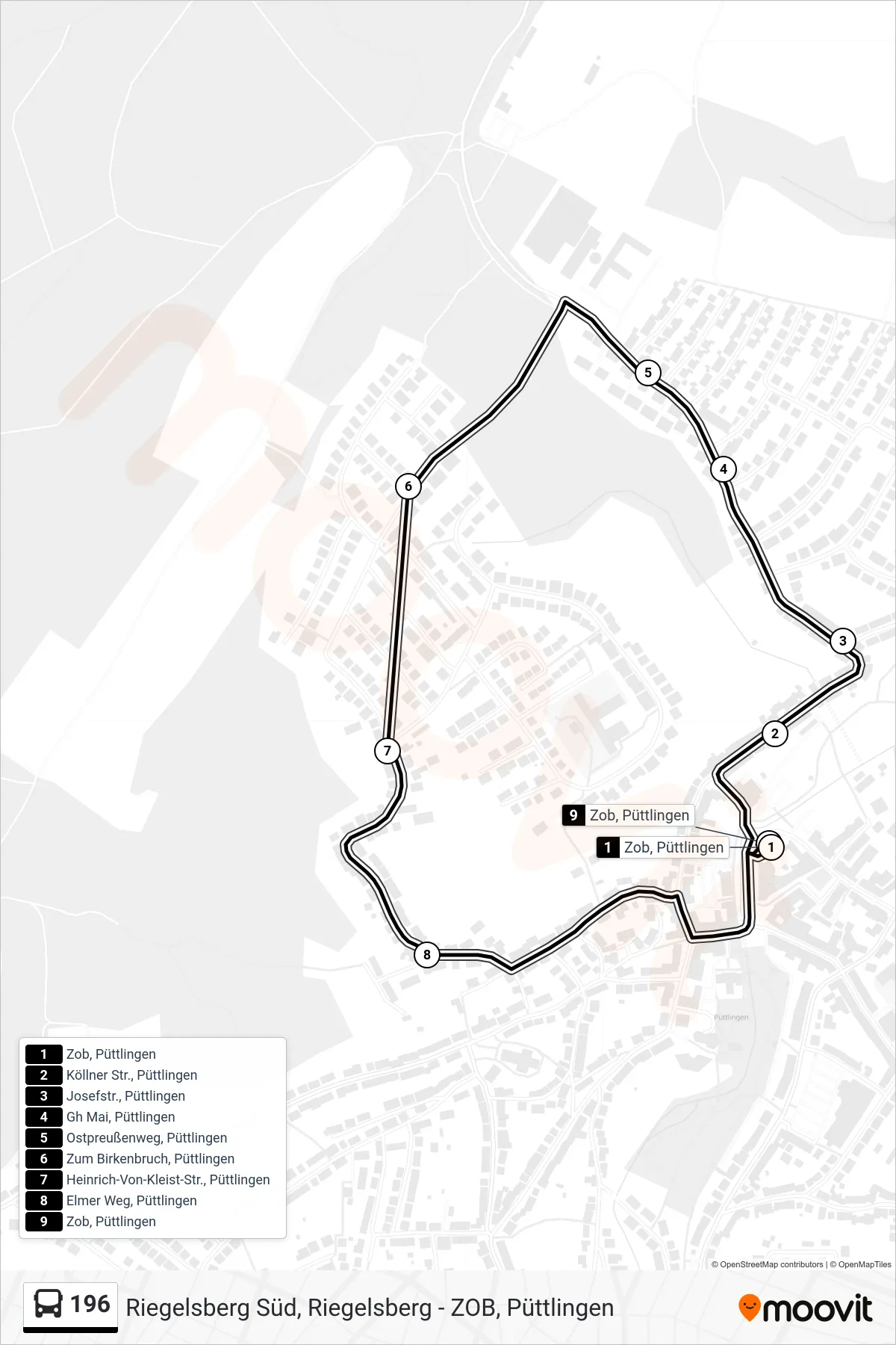 196 bus Line (Püttl. ZOB Ü. Breitfeld) route and stops on a map