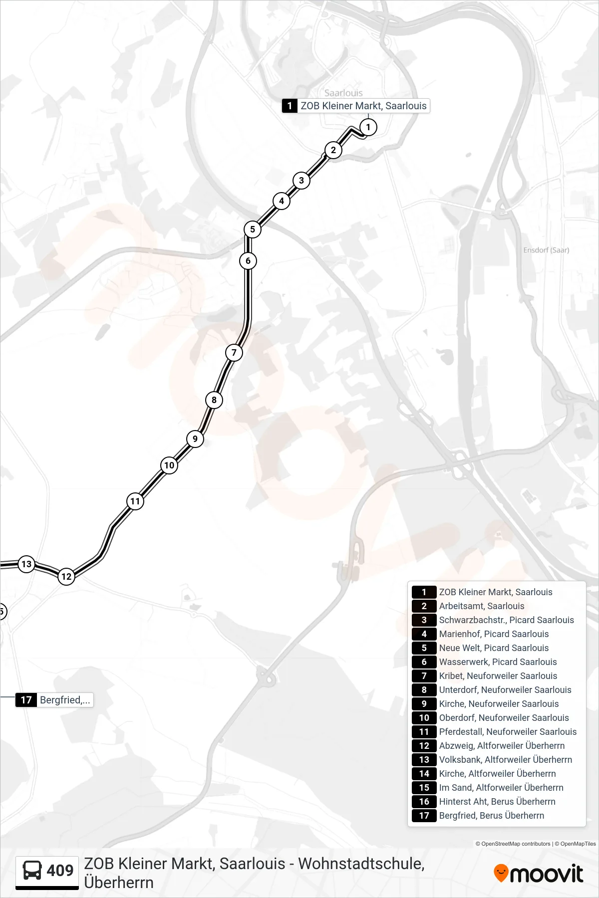 409 bus Line (Bergfried, Berus Überherrn) route and stops on a map