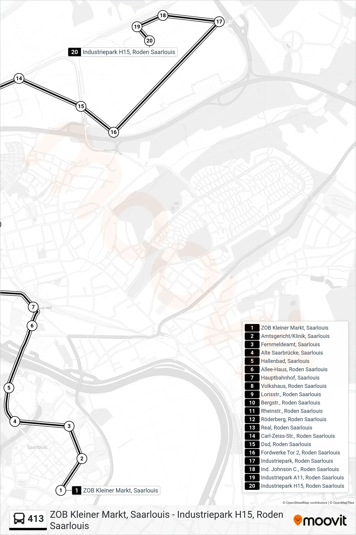 413 bus Line (Industriepark H15, Roden Saarlouis) route and stops on a map