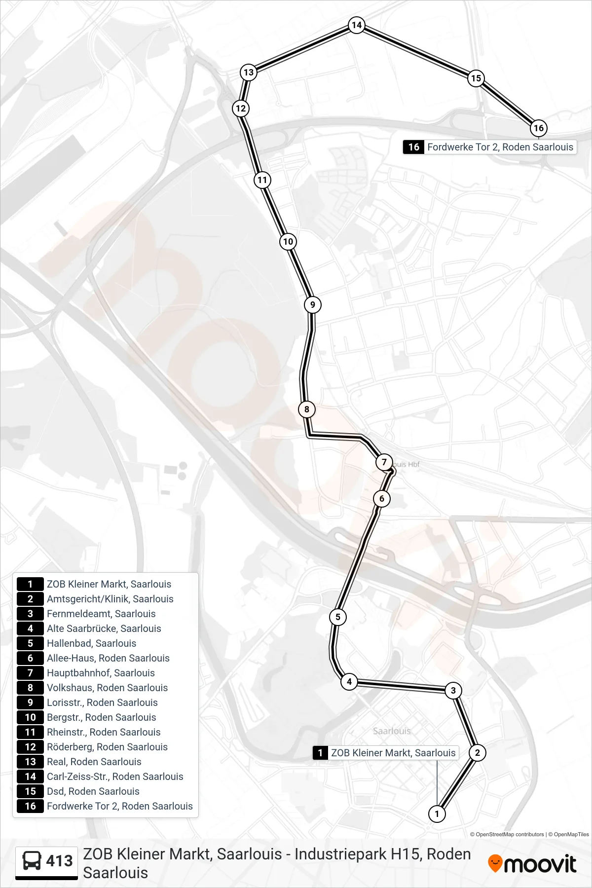413 bus Line (Fordwerke Tor 2, Roden Saarlouis) route and stops on a map