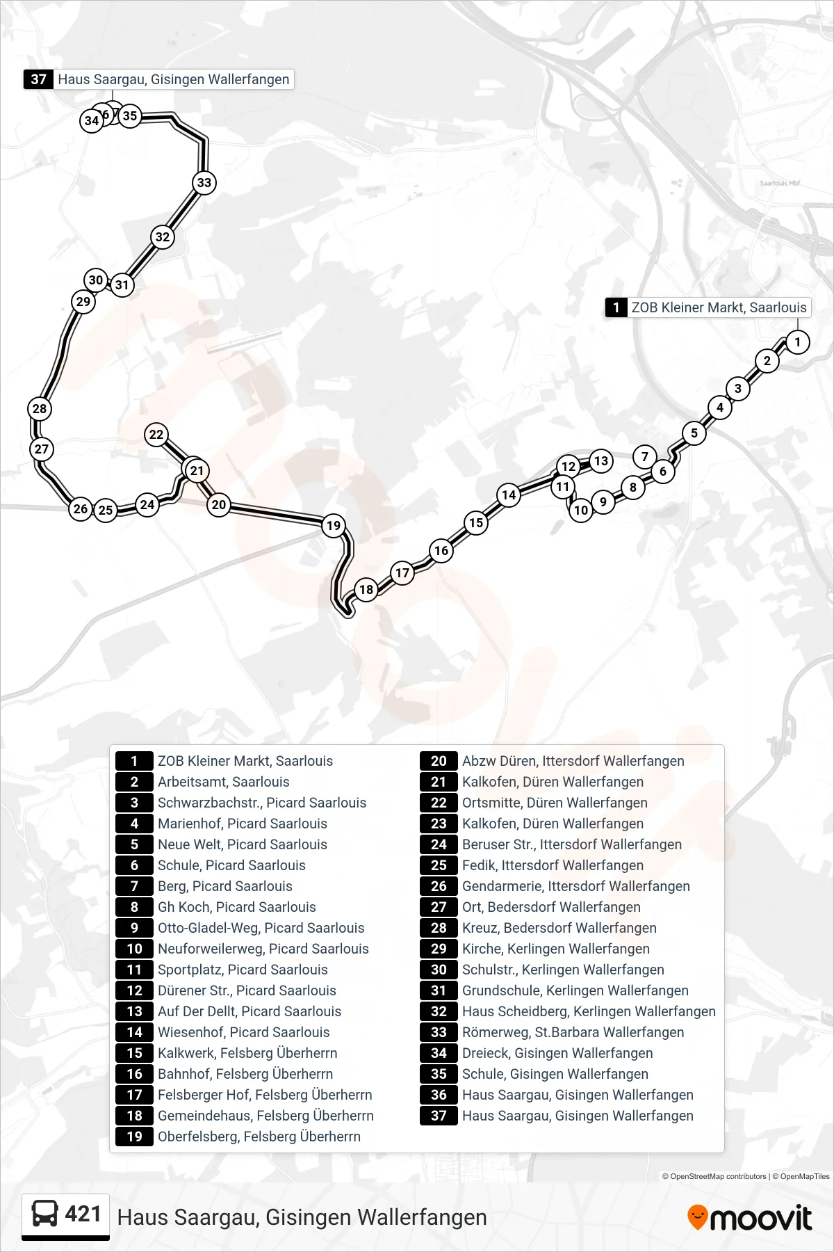 421 bus Line (Haus Saargau, Gisingen Wallerfangen) route and stops on a map
