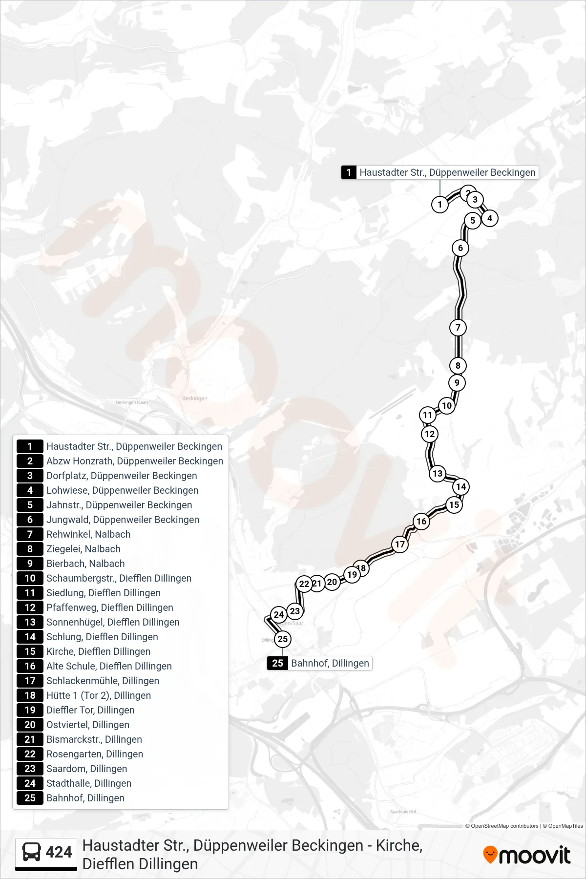 424 bus Line (Bahnhof, Dillingen) route and stops on a map