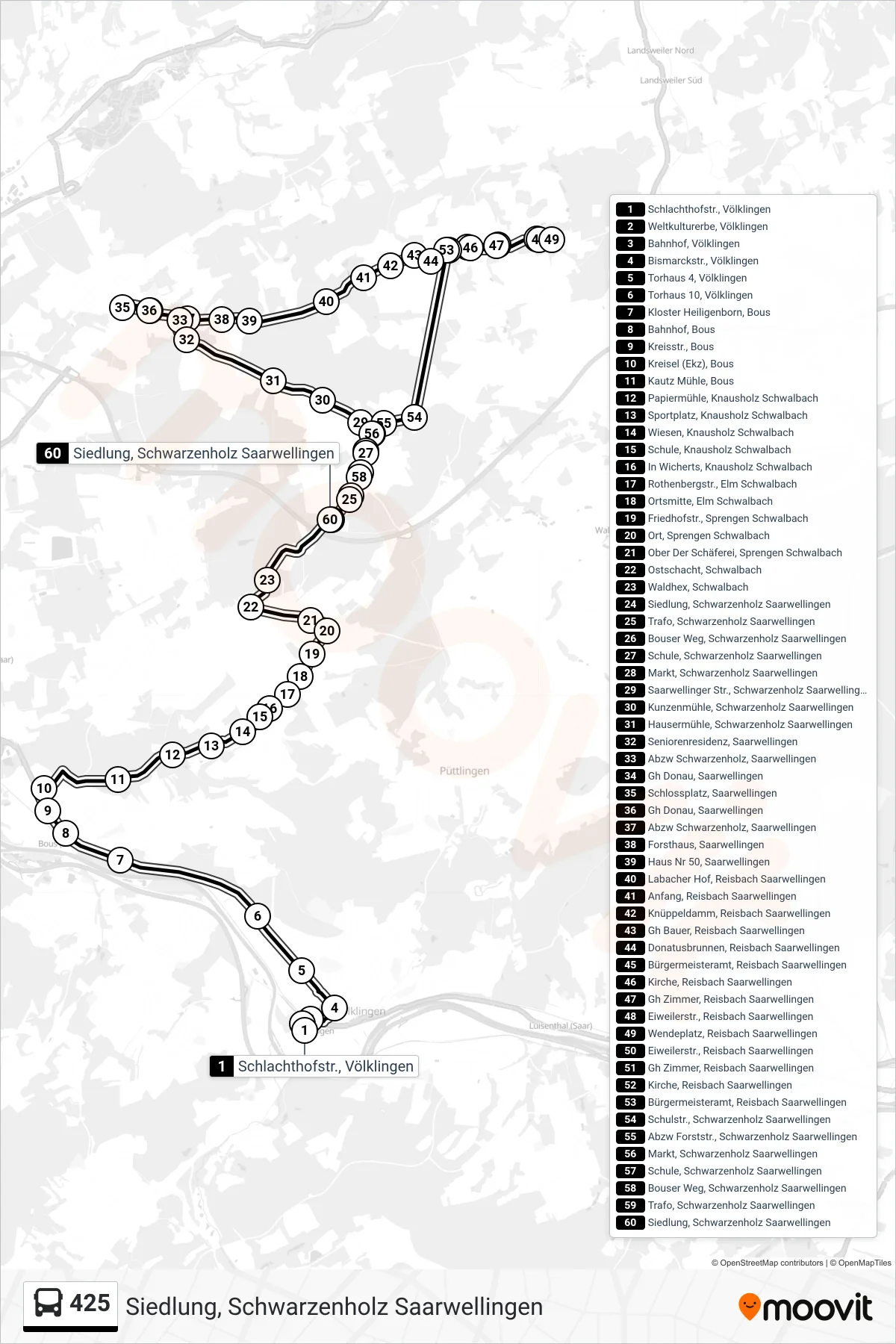 425 bus Line (Siedlung, Schwarzenholz Saarwellingen) route and stops on a map