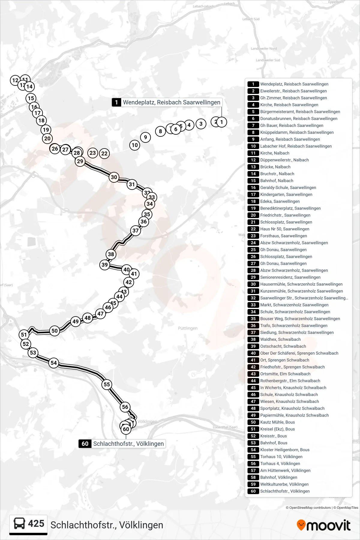 425 bus Line (Schlachthofstr., Völklingen) route and stops on a map