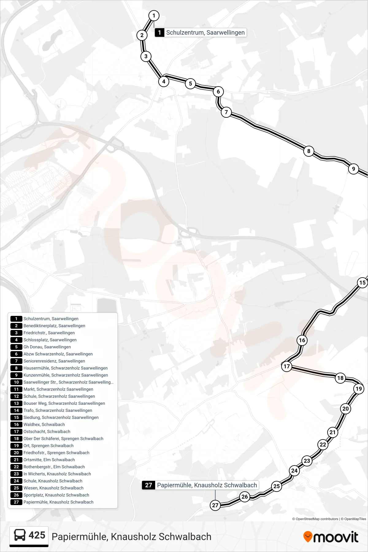 425 bus Line (Papiermühle, Knausholz Schwalbach) route and stops on a map