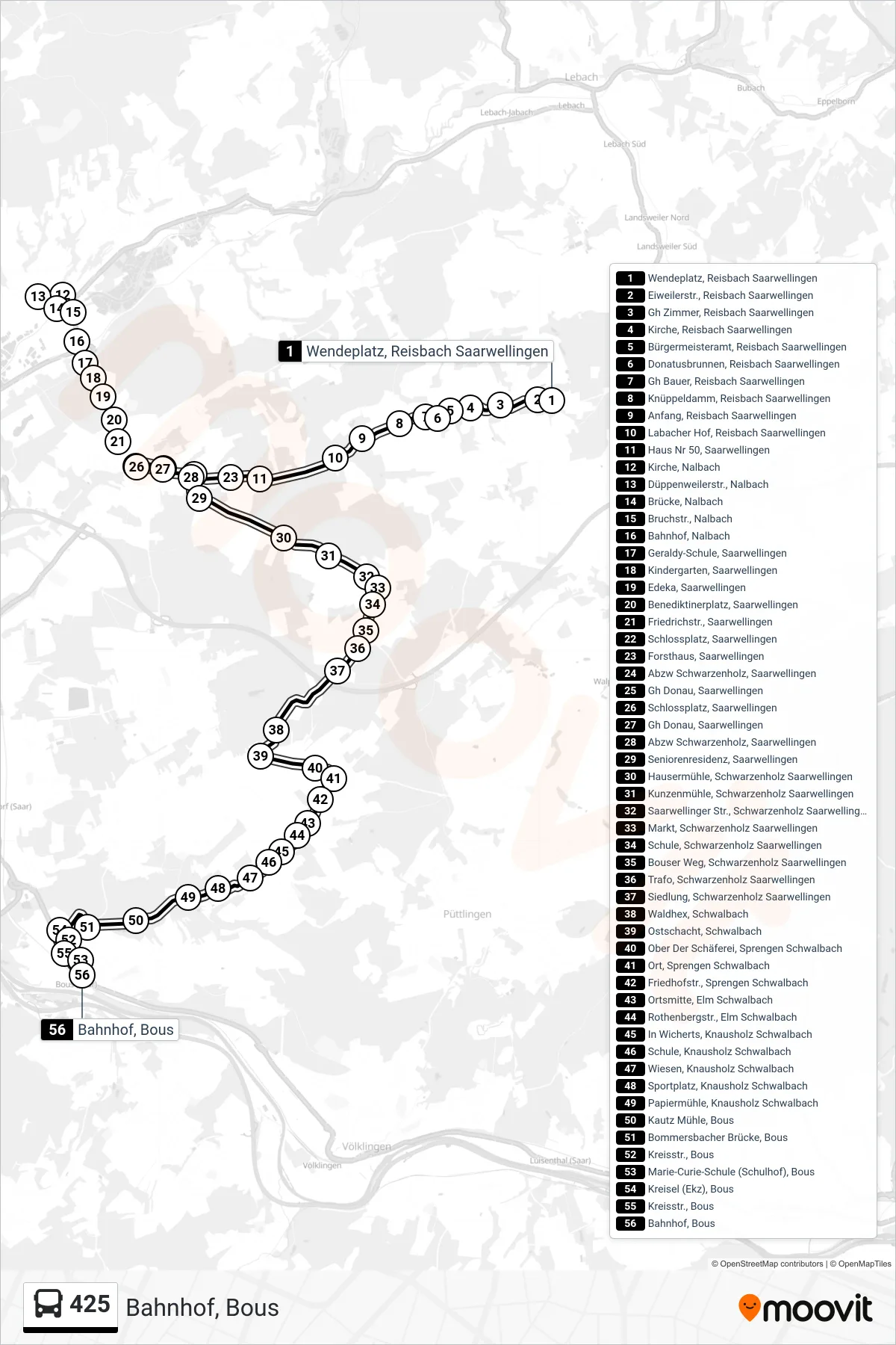 425 bus Line (Bahnhof, Bous) route and stops on a map