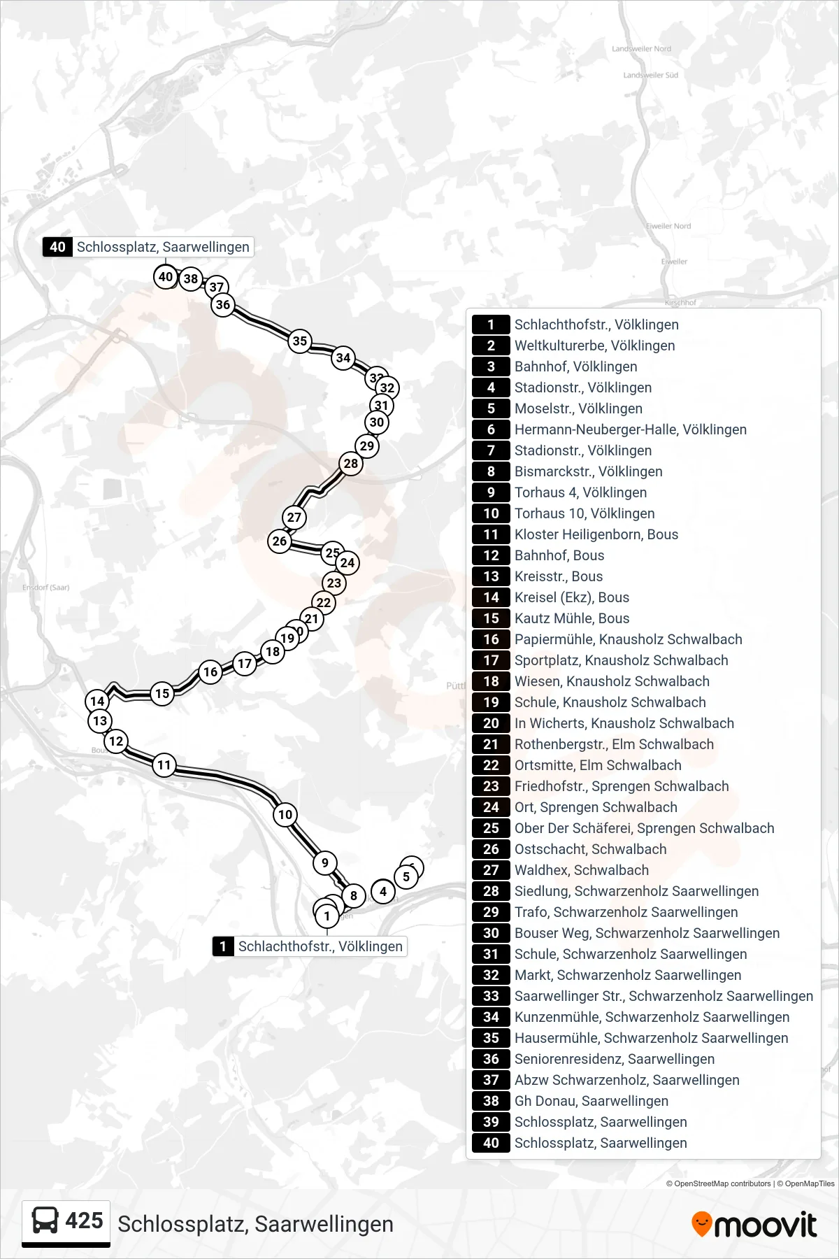425 bus Line (Schlossplatz, Saarwellingen) route and stops on a map