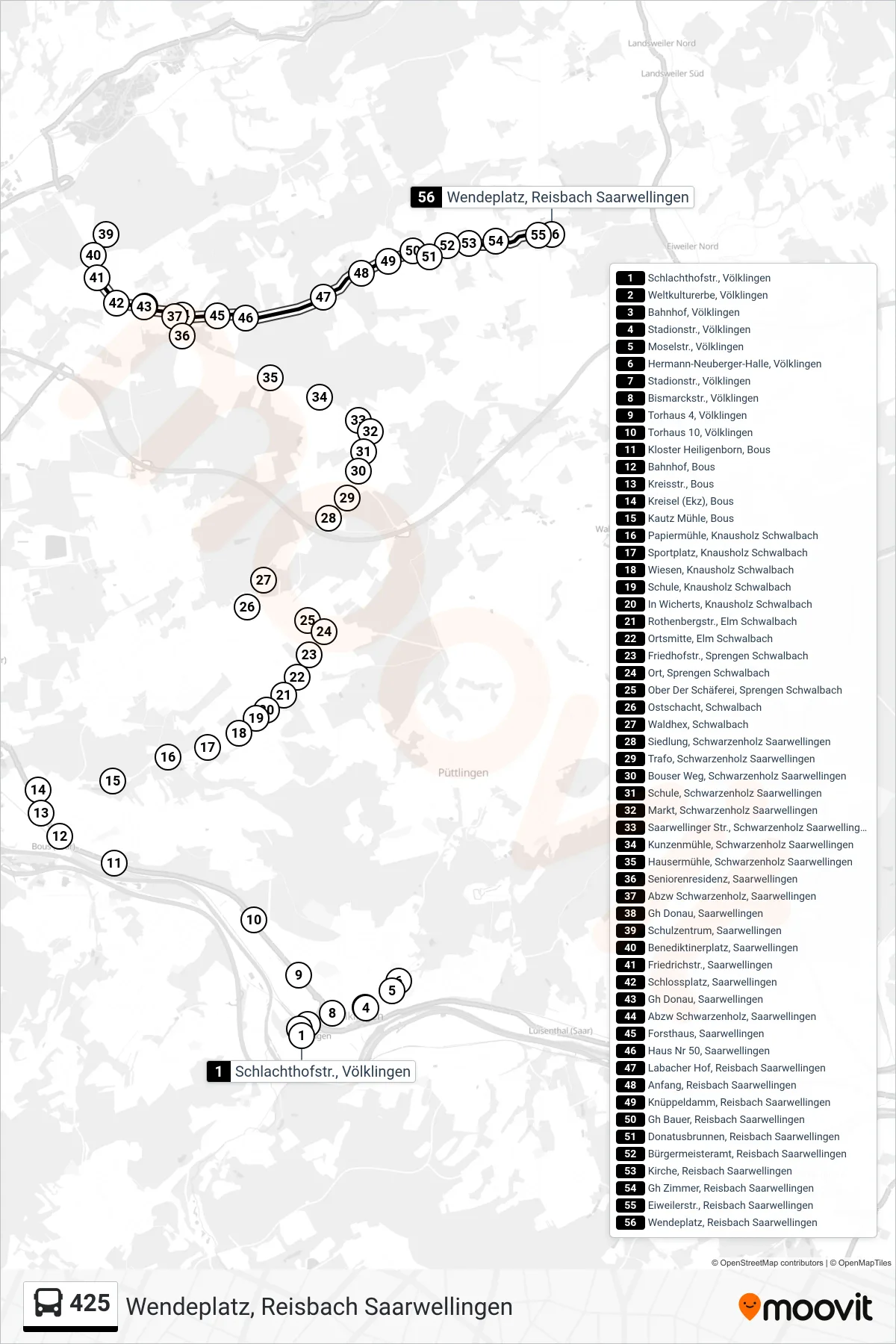 425 bus Line (Wendeplatz, Reisbach Saarwellingen) route and stops on a map