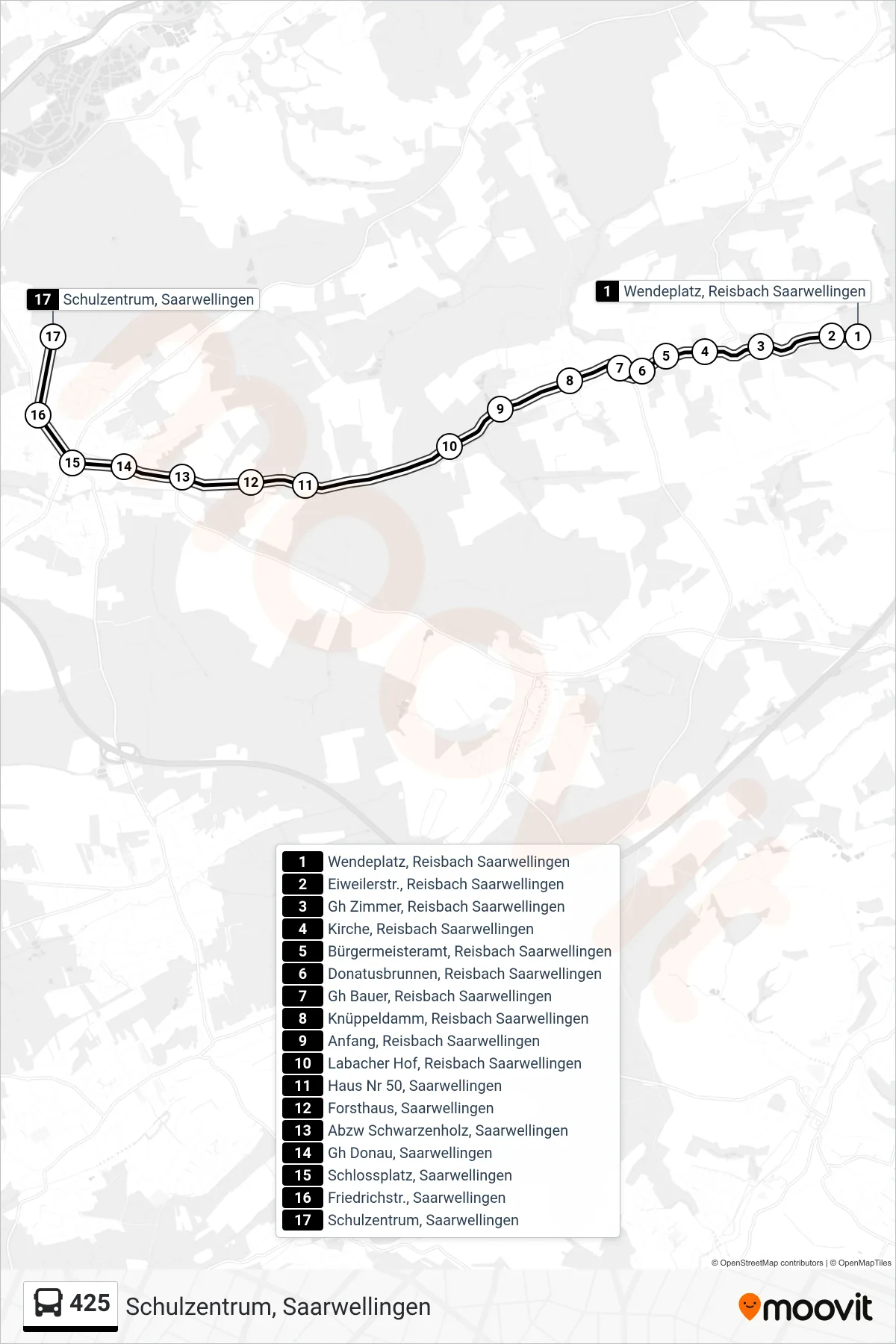 425 bus Line (Schulzentrum, Saarwellingen) route and stops on a map