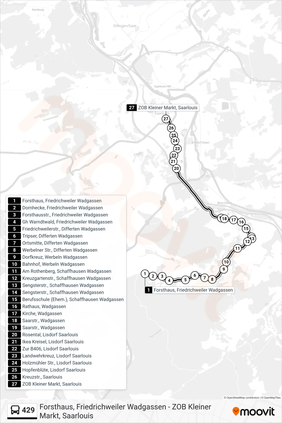 429 bus Line (ZOB Kleiner Markt, Saarlouis) route and stops on a map