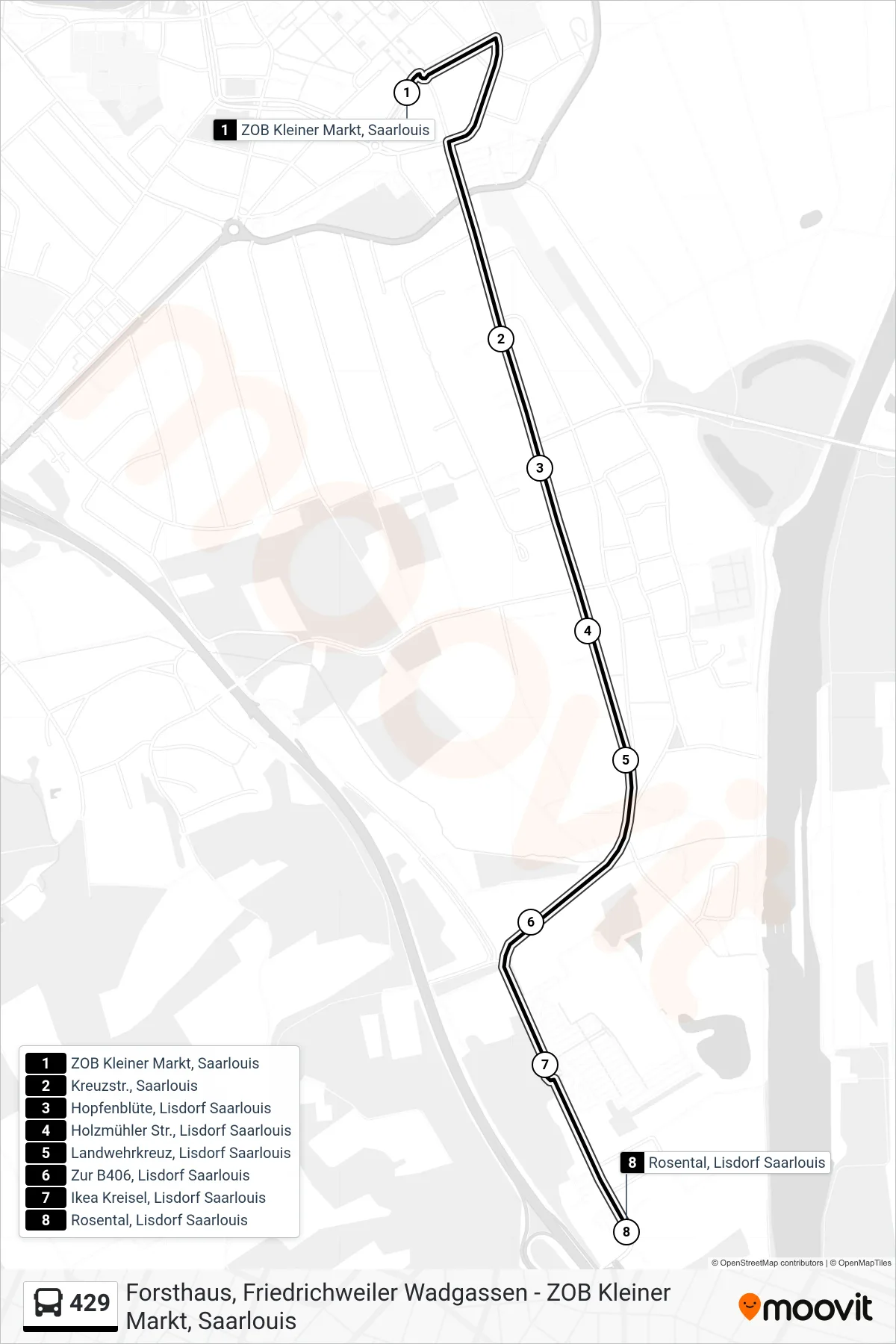 Linie 429 (Bus) Richtung Rosental, Lisdorf Saarlouis: Route und Haltestellen auf der Karte