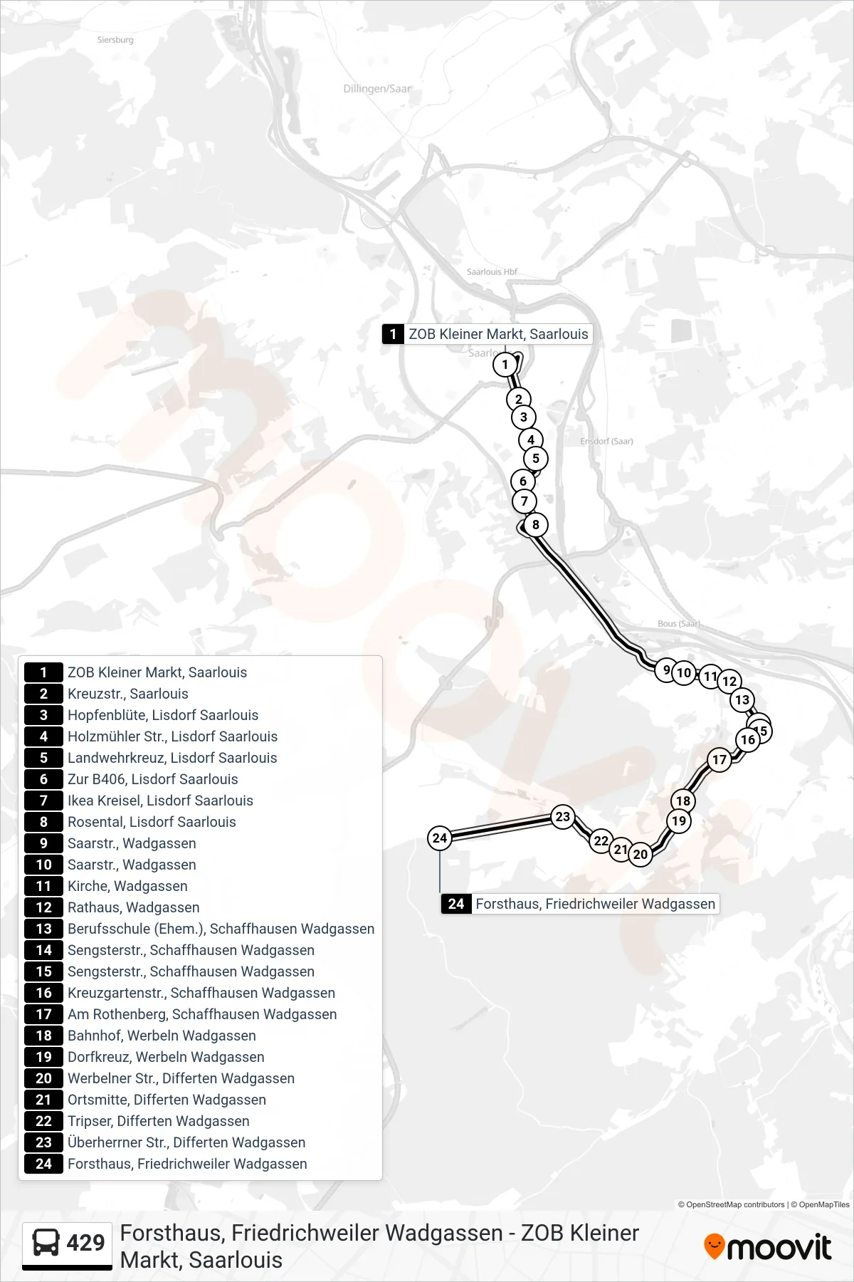 429 bus Line (Forsthaus, Friedrichweiler Wadgassen) route and stops on a map