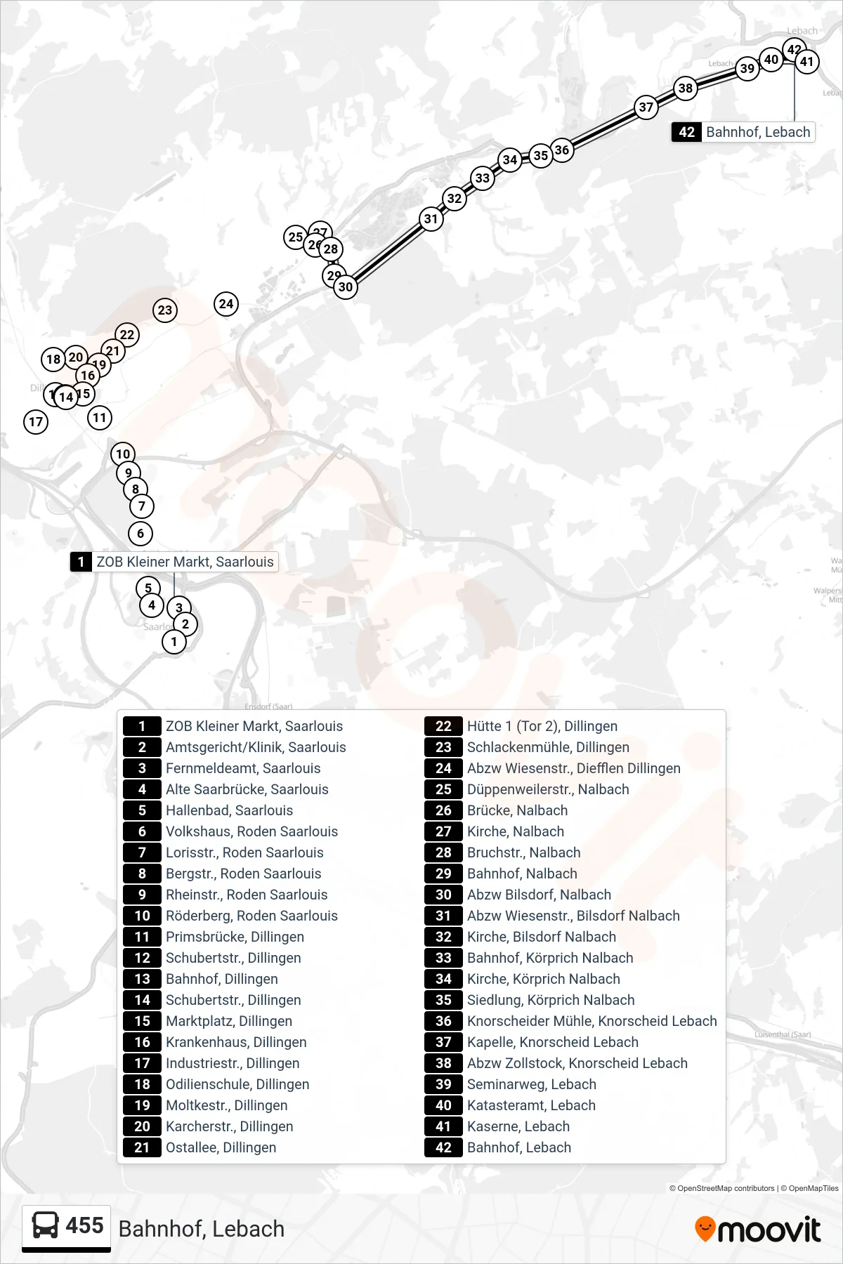 Linie 455 (Bus) Richtung Bahnhof, Lebach: Route und Haltestellen auf der Karte