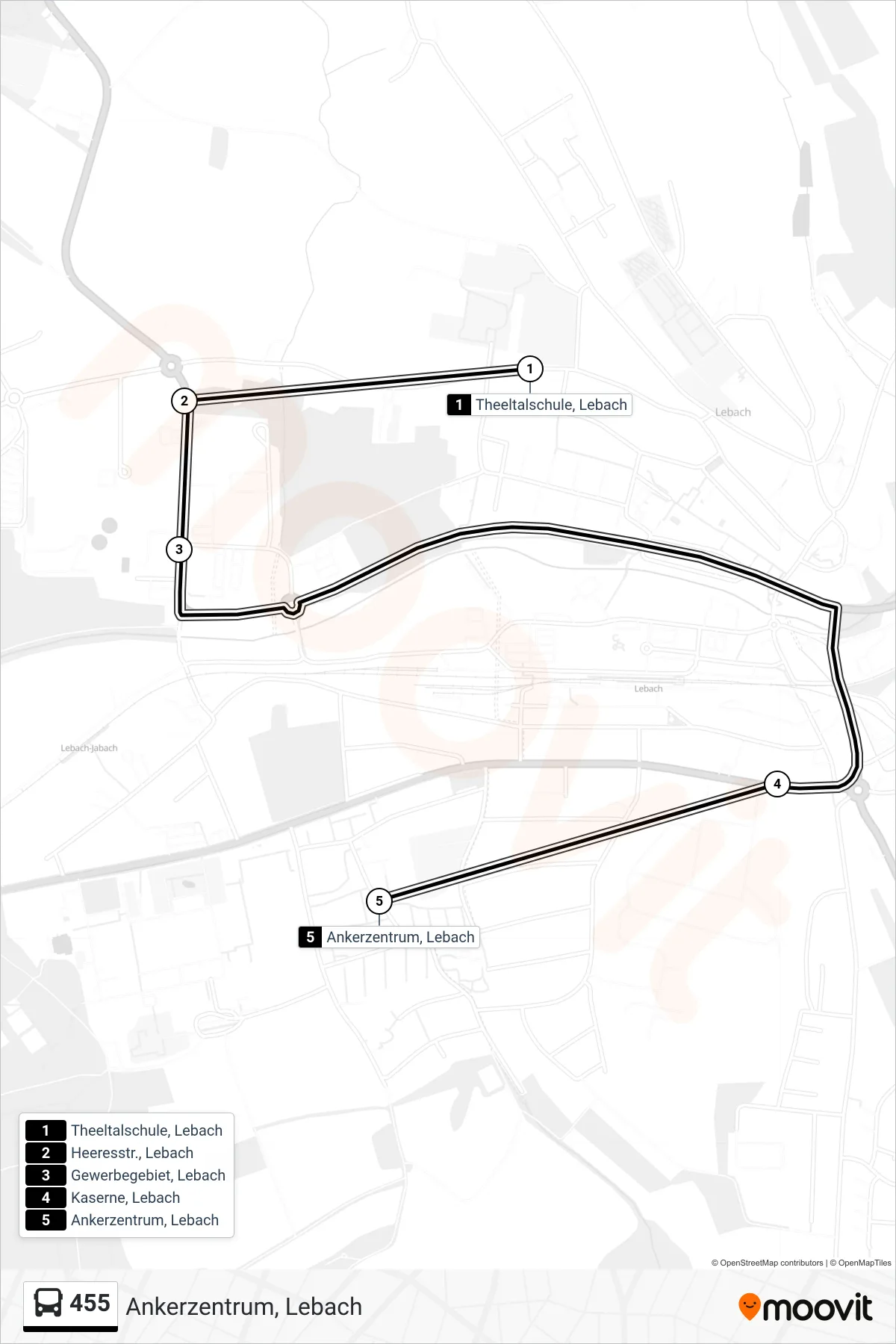 455 bus Line (Ankerzentrum, Lebach) route and stops on a map