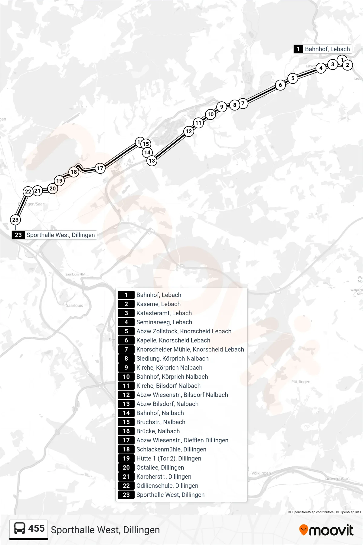 455 bus Line (Sporthalle West, Dillingen) route and stops on a map