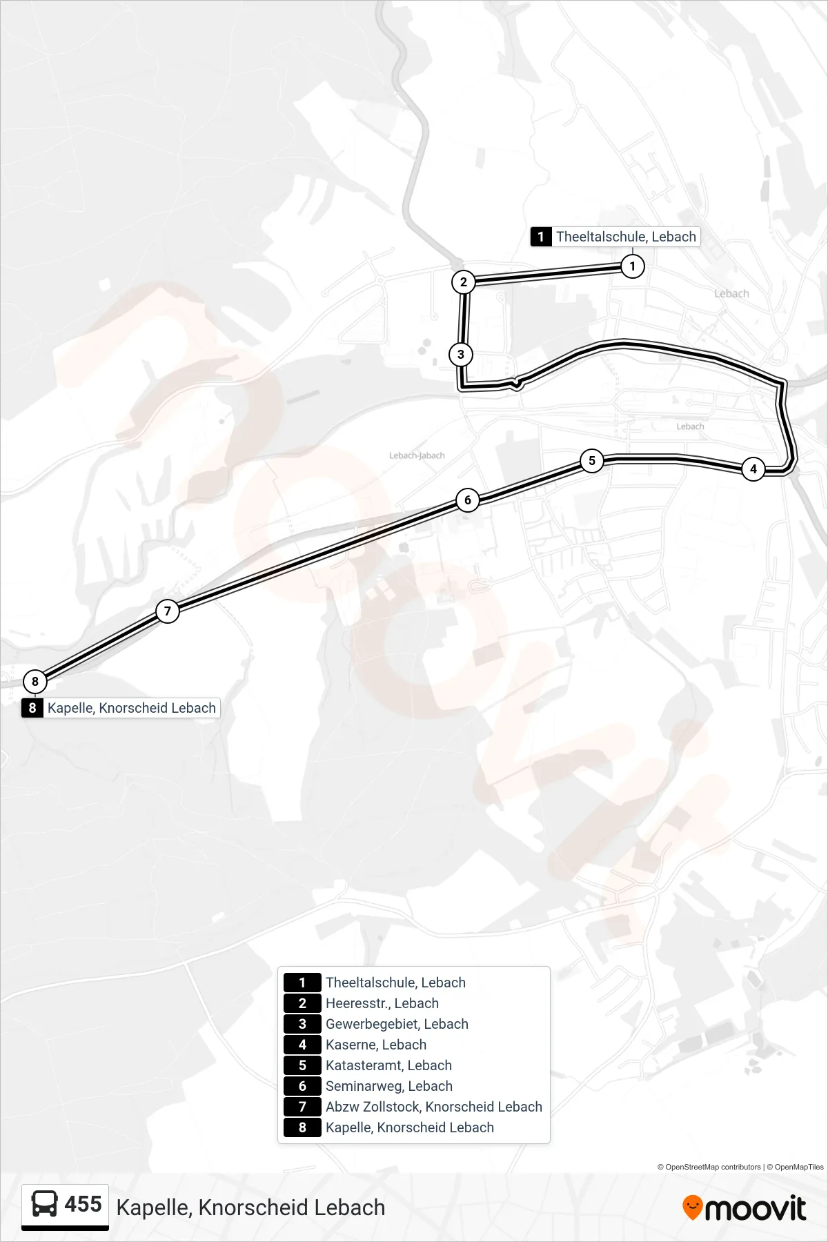 455 bus Line (Kapelle, Knorscheid Lebach) route and stops on a map