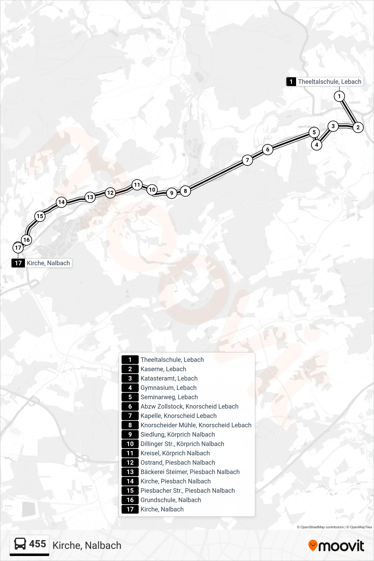 455 bus Line (Kirche, Nalbach) route and stops on a map