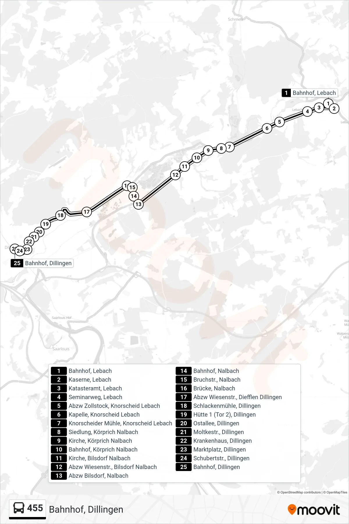 455 bus Line (Bahnhof, Dillingen) route and stops on a map