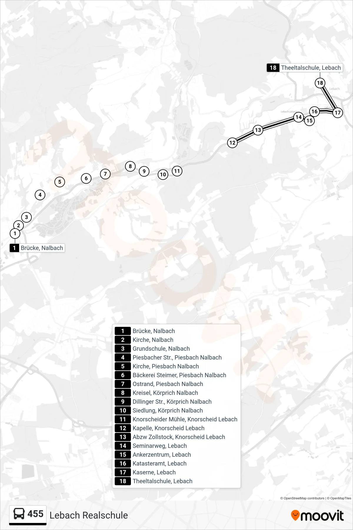 455 bus Line (Lebach Realschule) route and stops on a map