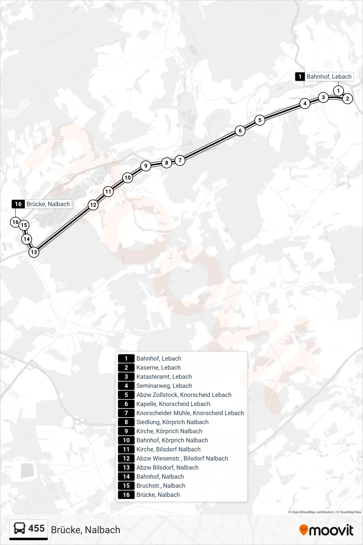 455 bus Line (Brücke, Nalbach) route and stops on a map