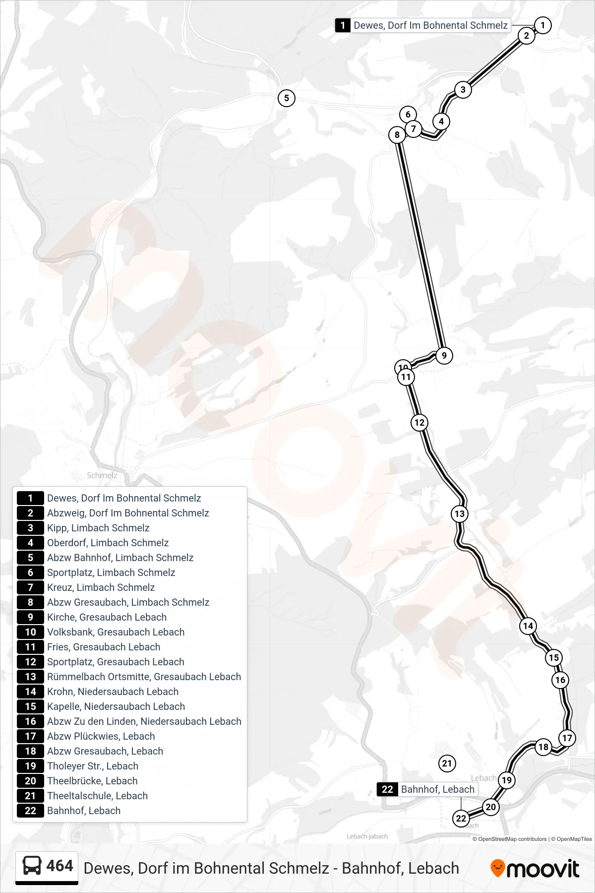 464 bus Line (Bahnhof, Lebach) route and stops on a map