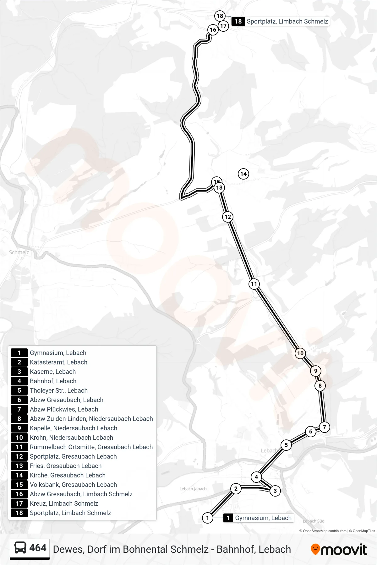 464 bus Line (Sportplatz, Limbach Schmelz) route and stops on a map